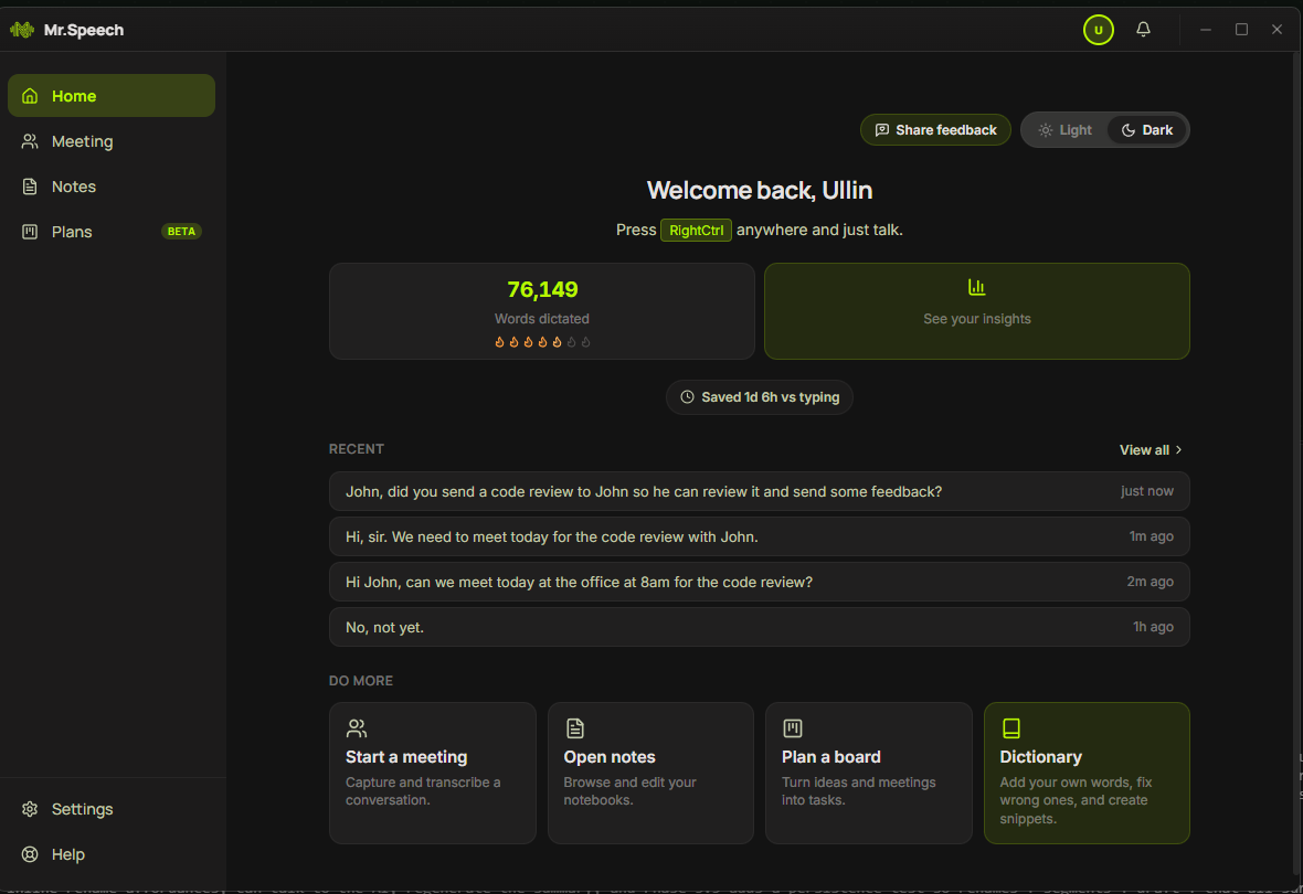 Mr.Speech Desktop-App mit privacy-first Diktier- und Notizfunktionen
